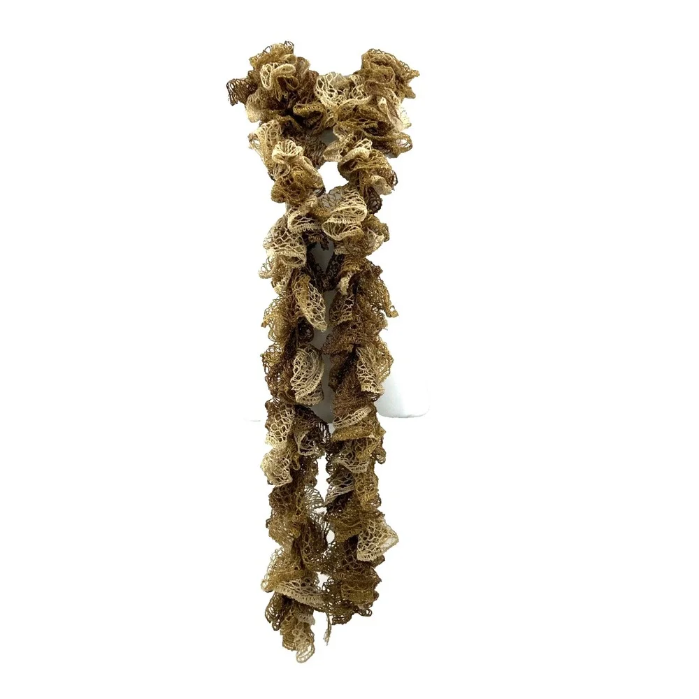 Y2K Handmade Crochet Ruffle Skinny Scarf Long Brown Oat Boho Indie Festival
